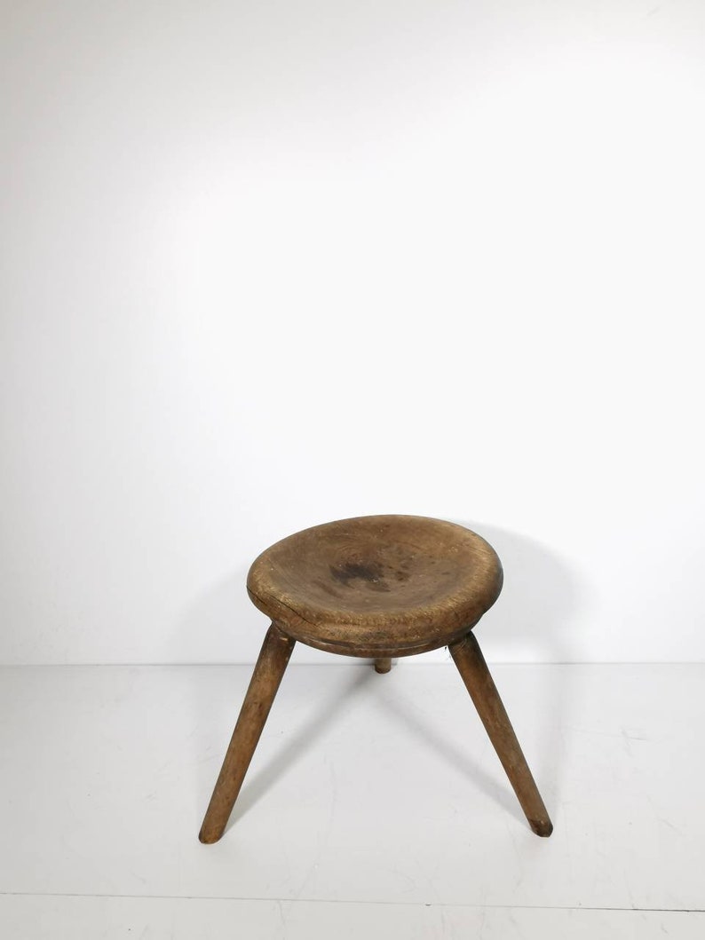 Antique Rustic Vintage Round Stool natural wood, 1900s image 1