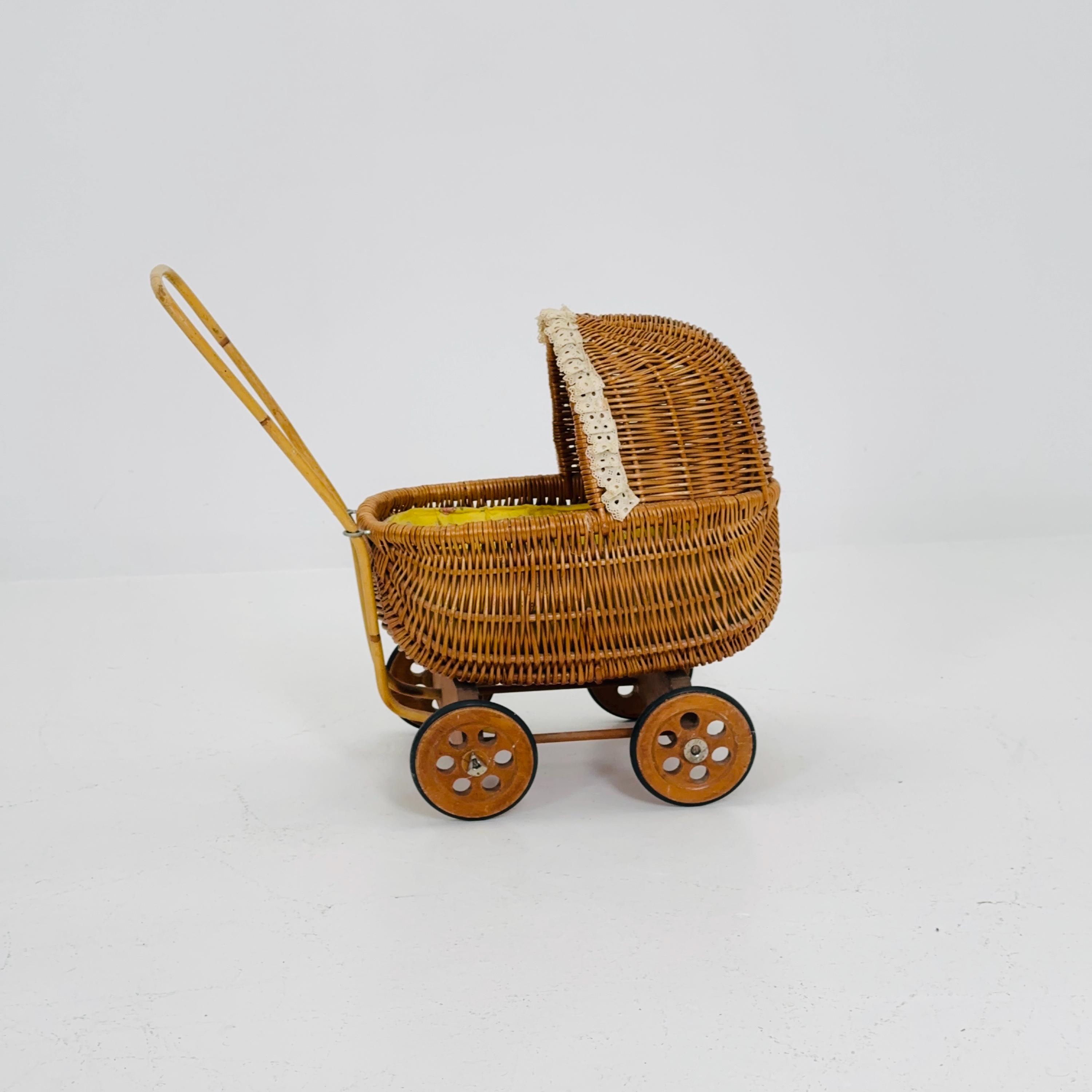 Vintage Wicker Doll Carriage | 1960s Handmade Rattan Doll Stroller With ...