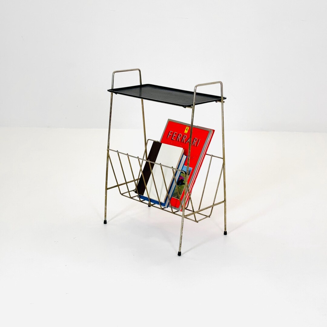 Wire Magazine Rack Tabletop Vintage Mid-century Metal Magazine Rack & Side Table | Atomic Era Wire ...