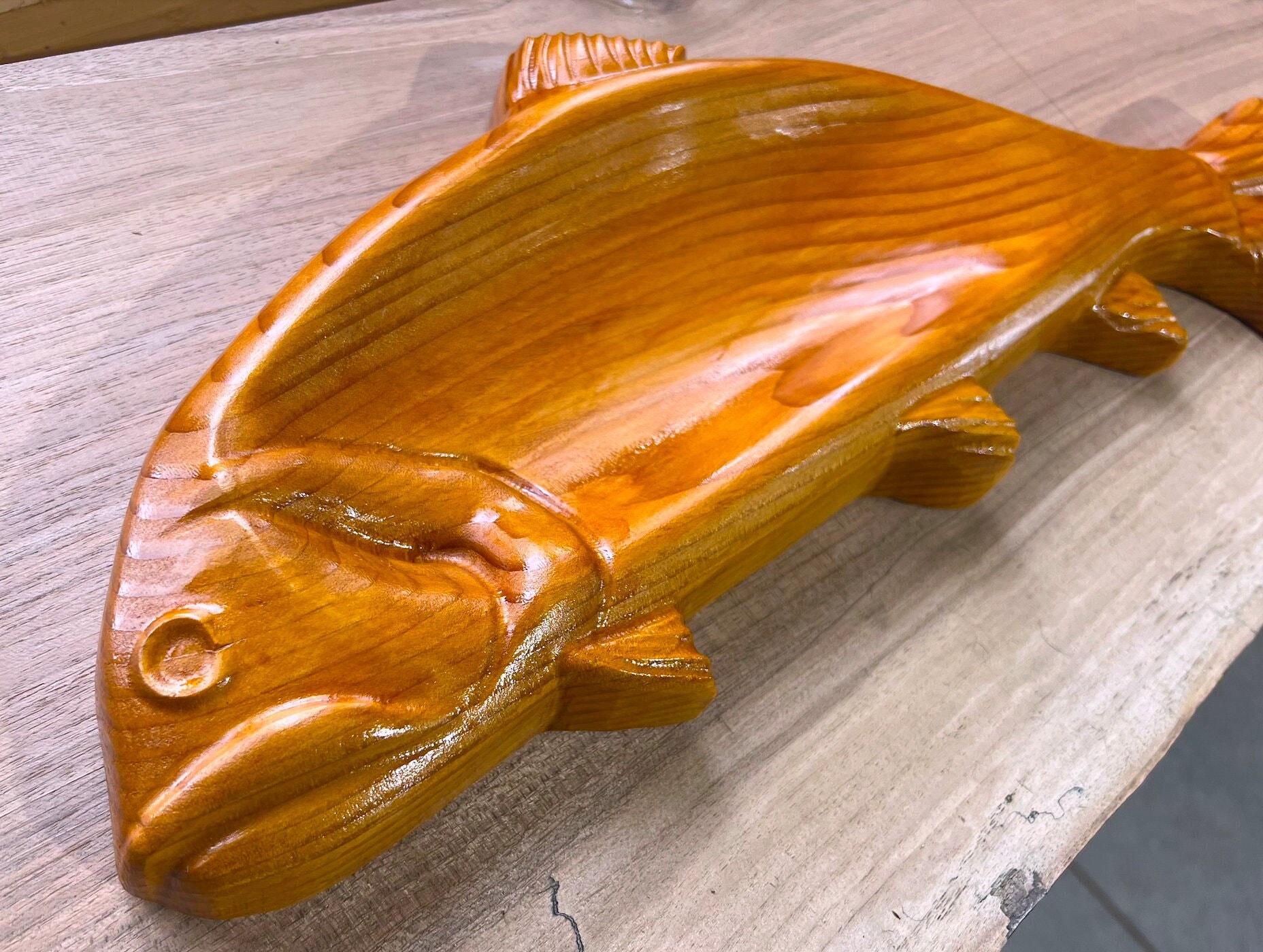 Incredible Douglas Fir Trout Carving, Fish Carving, Serving