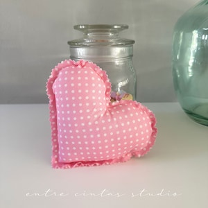 pink fabric hearts, polka dot heart, tiered tray decor, heart for bowls, stuffed fabric hearts