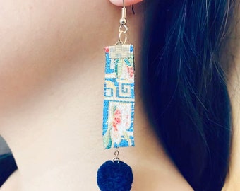 hand-made ornament earrings, retro ethnic embroidery earrings, wooden mismatched dangle earrings, vintage style, wedding gift, gift for her