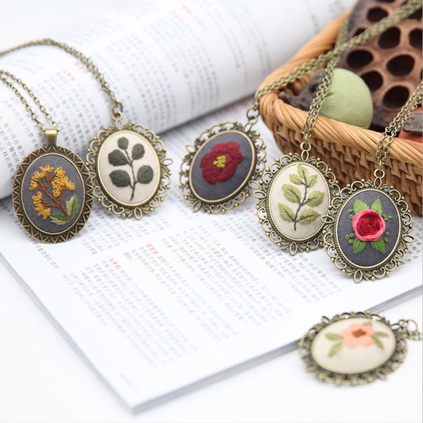 Embroidery Kit Handmade Mini necklace--Embroidered Jewelry- Ethnic Flowers Necklace - Flower Jewelry - Gift For Her - Bronze Copper