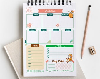 Wöchentlicher Monatlicher druckbarer Planer. Lustiger, süßer Planer zum Herunterladen und Drucken. Natur und Frühling, Kinderplan. Englisch/Spanisch. Buchstabe, A4