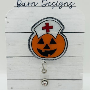 Pumpkin Nurse badge reel; jack-o-lantern; Halloween; October; fall; acrylic badge reel; nurse badge; rn badge ; badge holder