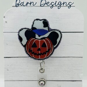 Cowboy pumpkin badge reel; jack-o-lantern; Halloween; October; fall; acrylic badge reel; nurse badge; rn badge ; badge holder