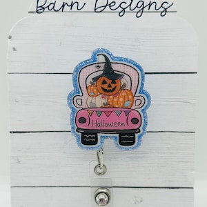 Halloween truck badge reel; Halloween; October; fall; acrylic badge reel; nurse badge; rn badge ; badge holder