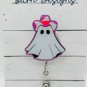 Cowgirl ghost badge reel; ghost; Halloween; October; fall; acrylic badge reel; nurse badge; rn badge ; badge holder