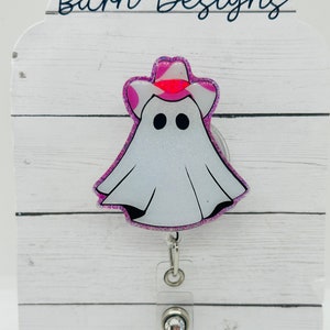 Cowgirl Ghost Badge Reel Ghost Halloween October Fall Acrylic Badge Reel  Nurse Badge Rn Badge Badge Holder 