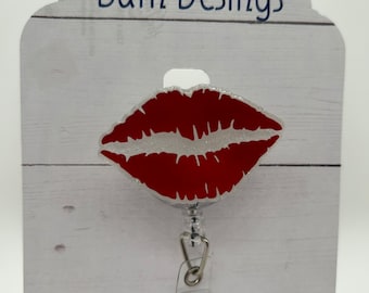 Lips badge reel; Valentine’s Day badge reel; ID holder; red lips; acrylic badge reel
