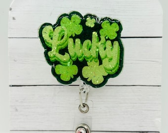 Lucky badge reel; St. Patrick’s Day; St. Patty’s Day; March; Green; acrylic badge reel; nurse badge; rn badge ; badge holder