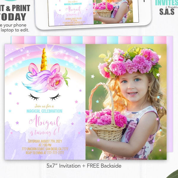 Editable Unicorn Invitation, Unicorn Picture Invites, Instant Download Unicorn Invitations, Unicorn702