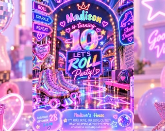 Neon Roller Skating Birthday Invitation, Editable Canva Template (Digital Download) RollerSkate801