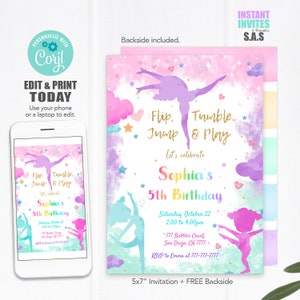 Gymnastics Birthday Invitation: Pastel Watercolor, Editable (Digital Download)