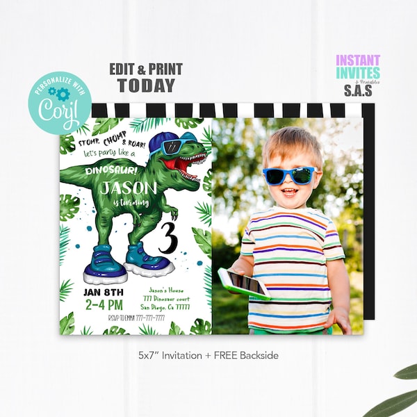 Dinosaur Invitation, Dinosaur Picture Invites, Instant Download Dinosaur Invitations, DinosaurPIC748