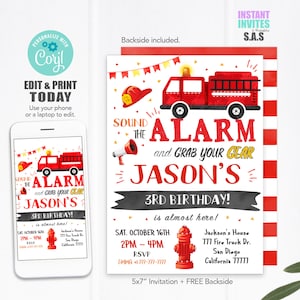 Fire Truck Birthday Invitation: Editable Fire Engine Party (Instant Download)