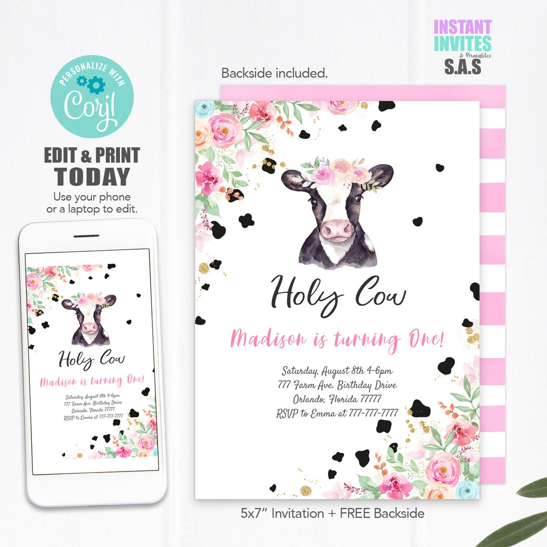 Cow Invitation, Cow Invites, Instant Download Cow Invitations, Cow711