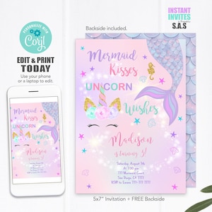Unicorn Mermaid Birthday Invitation: Instant Download