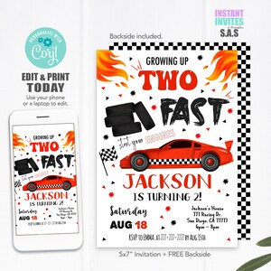 Racing car Invitation, Two Fast Invites, Instant Download Racing car 2nd Birthday Invitations, Racing702