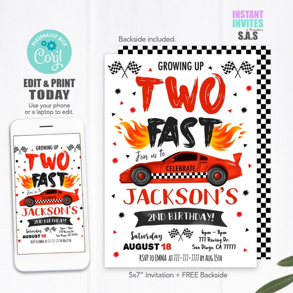 Two Fast Invitation, Racing Car Invites, Instant Download Racing car 2nd Birthday Invitations, Racing703