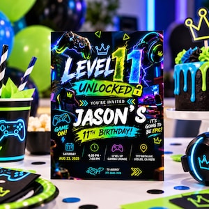 Peut inclure: Une carte d'invitation d'anniversaire rectangulaire au thème gaming néon avec le texte Level 11 Unlocked, Jason's 11th Birthday, Saturday Aug 23, 2025, 4:00 PM - 7:00 PM, Level Up Gaming Lounge, 7777 Birth Ave Loslos, CA 90210, et RSVP to Audrey.