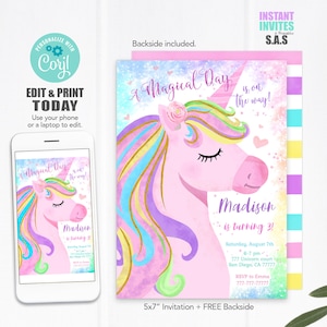 Unicorn Invitation, Unicorn Invite, Instant Download Unicorn Invites, Unicorn718