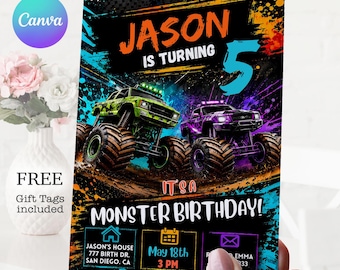 MONSTER TRUCK Birthday Invitation Template: Editable Canva Invite (Digital Download)
