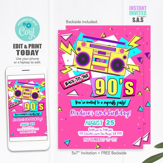 Back to the 90s Invitation: Editable Pink 90's Birthday Invites (Instant Download)