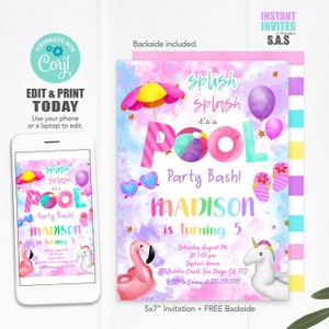 Pool Party Birthday Invitation: Editable Template (Instant Download)