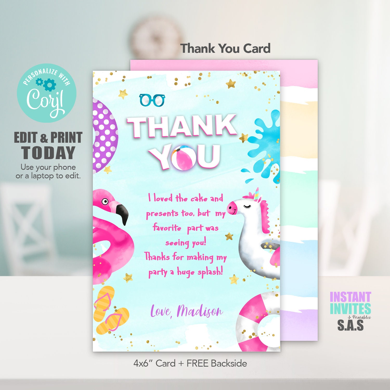 Pool Thank You Card Pool Party Cards Pool Thank You Cards Etsy