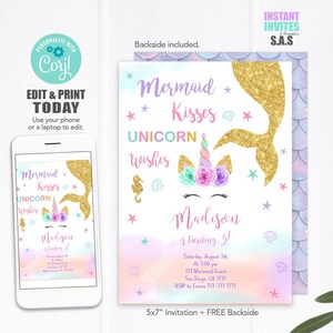 Glitter Unicorn Mermaid Birthday Invitation (Instant Download)