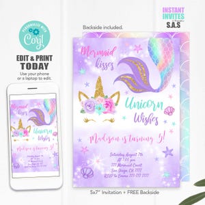 Unicorn Mermaid Birthday Invitation: Editable Template (Instant Download)