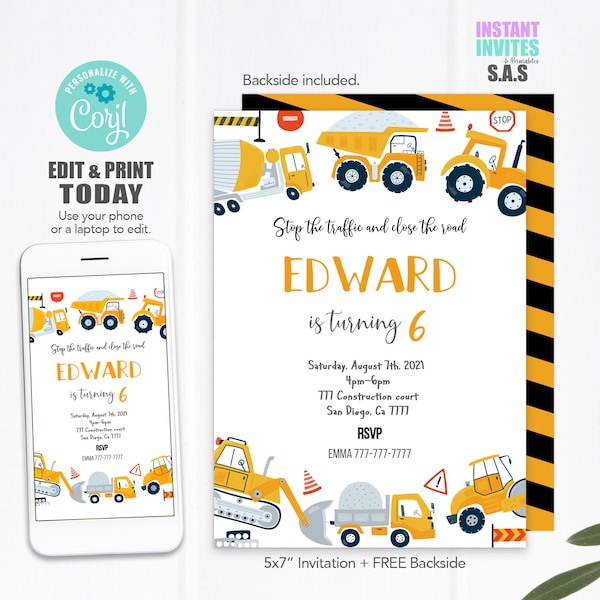 Construction Invitation, Construction Invites, Instant Download Construction Invites, Construction719