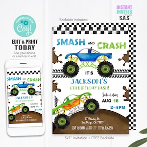 Monster Truck Geburtstagseinladung: Bearbeitbare Vorlage (Instant Download)