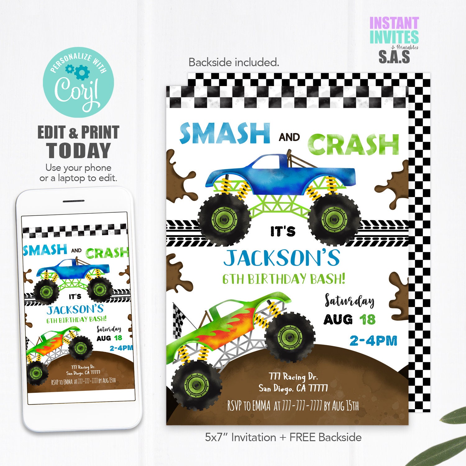 Monster Truck Birthday Invitation: Editable Template (Instant Download)