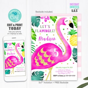 Flamingo Birthday Invitation: Tropical Party Invite (Instant Download)
