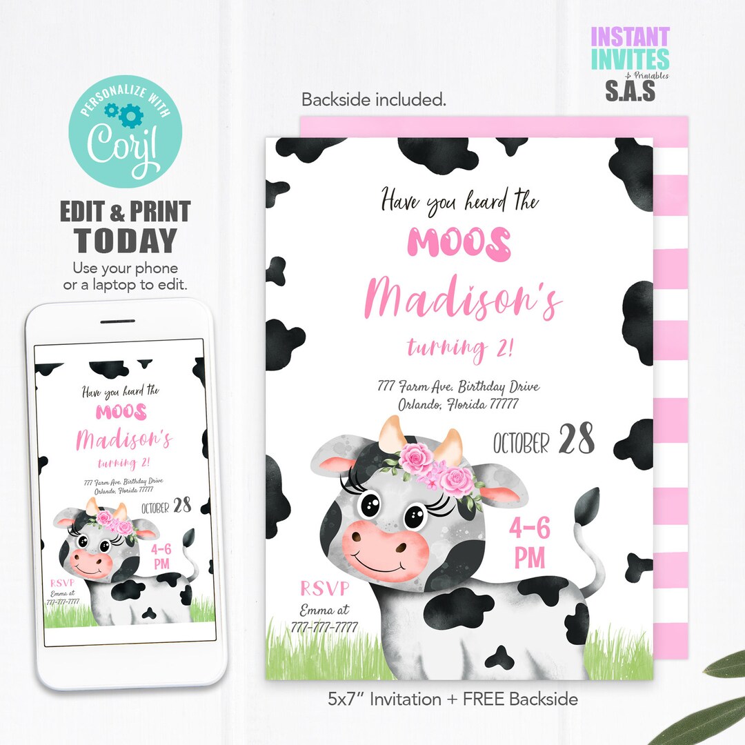 Cow Invitation Cow Invites Instant Download Cow Invitations Etsy