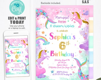 Unicorn Mermaid  Invitation, Unicorn Mermaid Invite, Instant Download Unicorn Mermaid Invites, Unicorn748