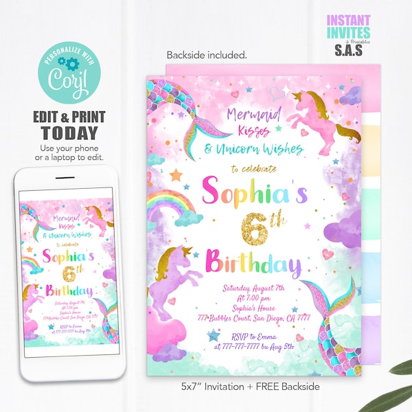 Unicorn Mermaid  Invitation, Unicorn Mermaid Invite, Instant Download Unicorn Mermaid Invites, Unicorn748