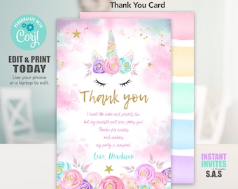 Unicorn Thank you Card, Unicorn Cards, Unicorn Thank you cards, Unicorn739