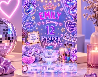 Editable Girls Spa Birthday Invitation, Purple Pink Sleepover Party Invite (Digital Download) Spa804