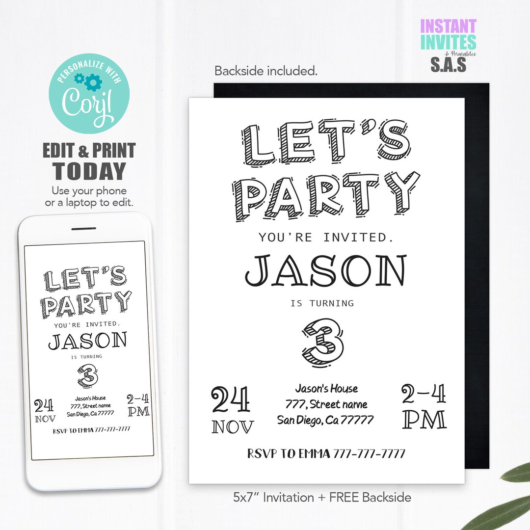 Birthday Party Invitation, Boy Birthday Invites, Let's Party