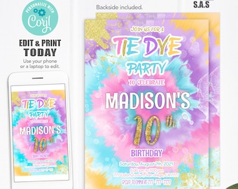 Tie Dye Invitation, Tie Dye Invites, Instant Download \tie Dye Invites, Tie Dye701