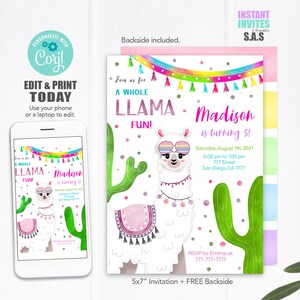 Llama Birthday Invitation: Colorful Party Invite (Instant Download)