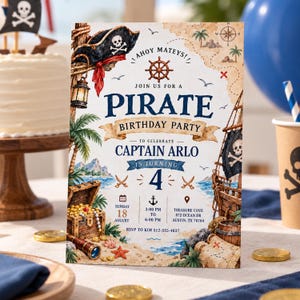 May include: A rectangular pirate-themed birthday party invitation featuring a treasure map background, a pirate hat, a ship, a treasure chest, and the text: AHOY MATEYS! JOIN US FOR A PIRATE BIRTHDAY PARTY TO CELEBRATE CAPTAIN ARLO IS TURNING 4.