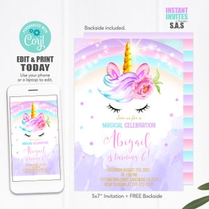 Unicorn Invitation, Unicorn Invites, Instant Download Unicorn Invites, Unicorn702