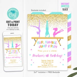 Glitter Gymnastics Birthday Invitation: Editable Party Invite (Digital Download)