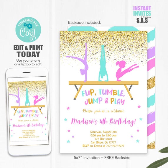 Glitter Gymnastics Birthday Invitation: Editable Party Invite (Digital Download)