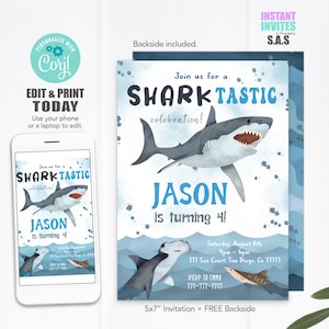 Shark Birthday Invitation: Editable 5x7 Party Invites (Digital Download)