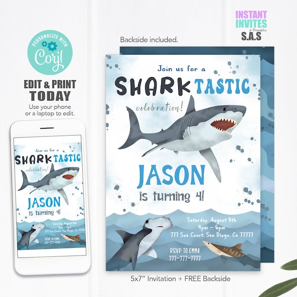 Shark Invitation, Shark Invites, Instant Download Shark Invitations, Shark702